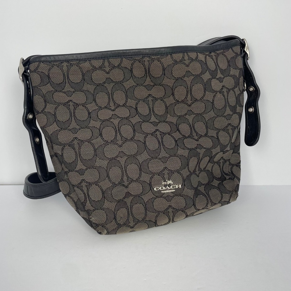 Coach Signature Jacquard Crossbody Bag Black Grey Leather Trim Silver Hardware